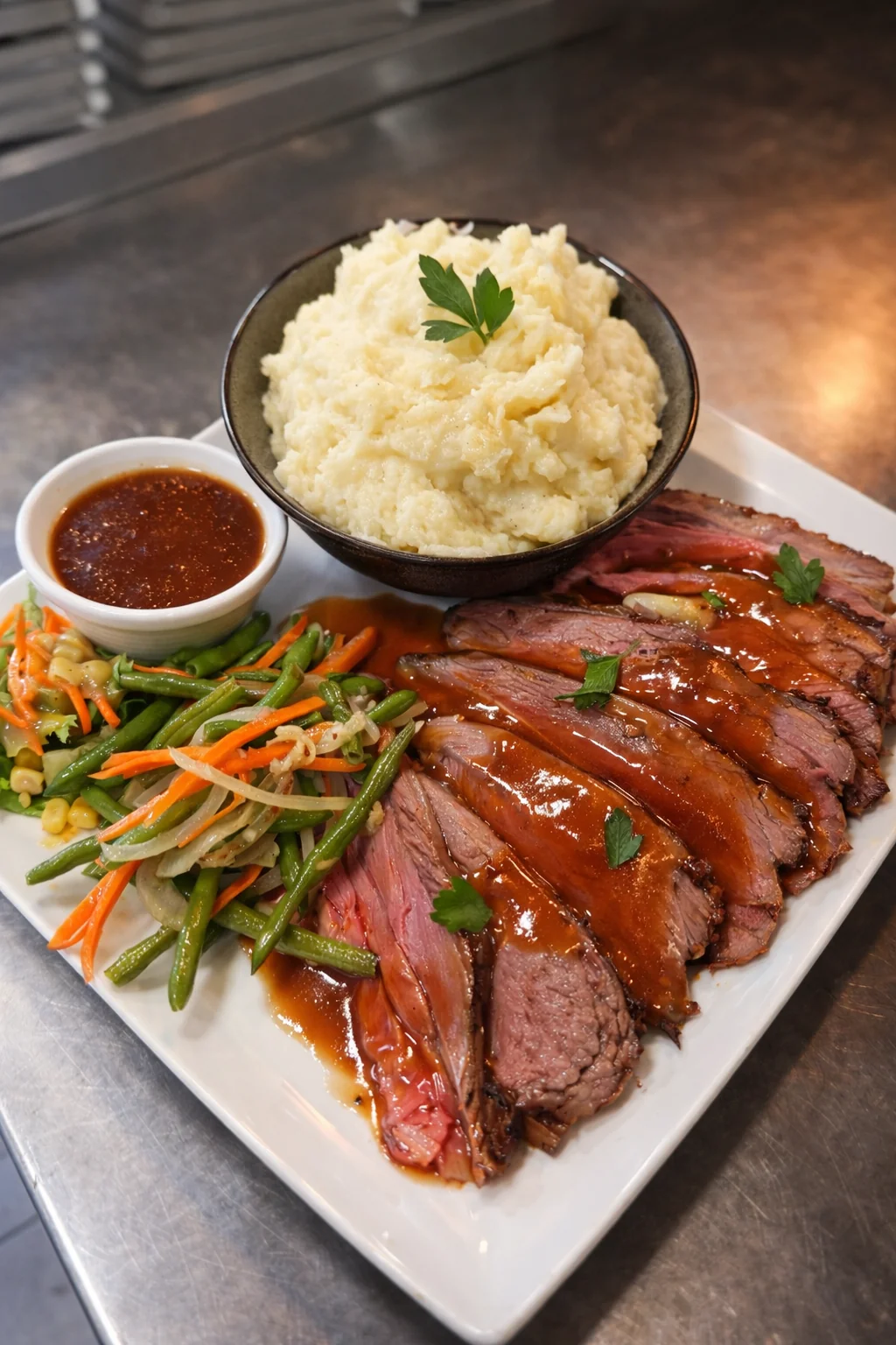 Gigot d'agneau rosé, purée maison crémeuse, jus brun, légumes